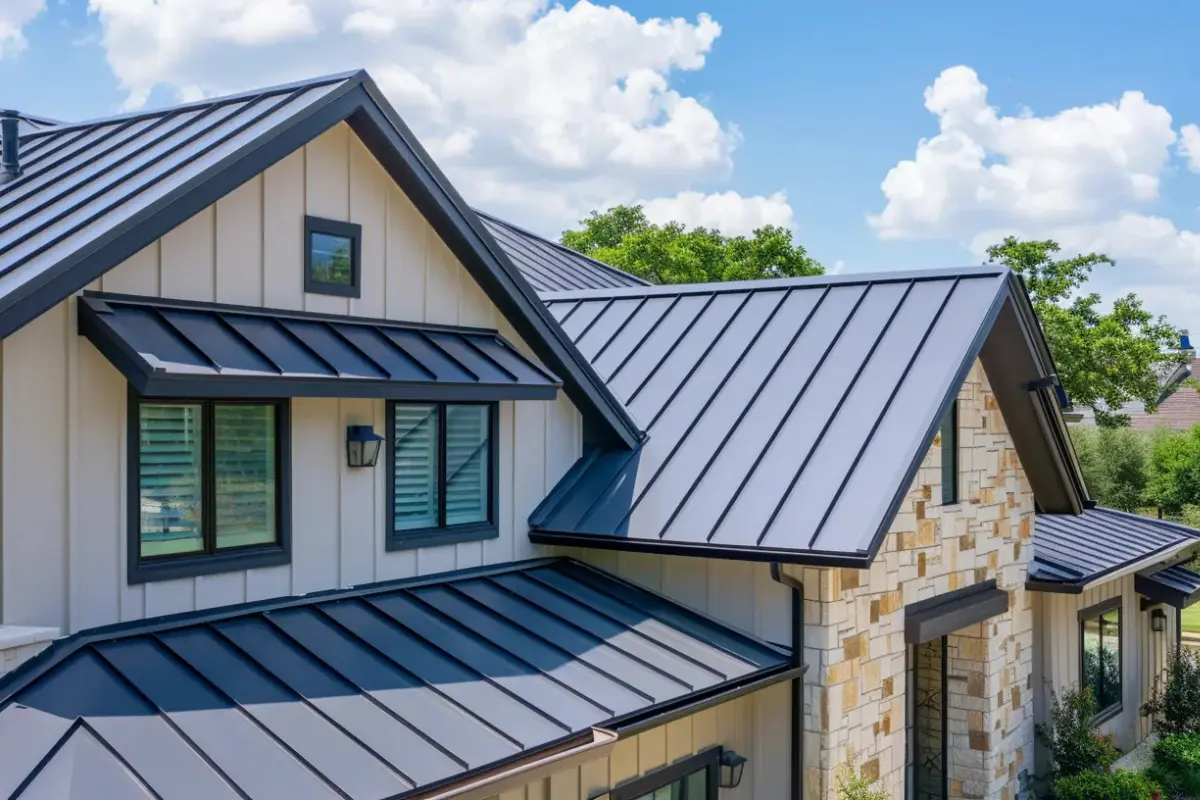 Standing seam metal roof installed on a two-story San Antonio home under blue Texas sky.